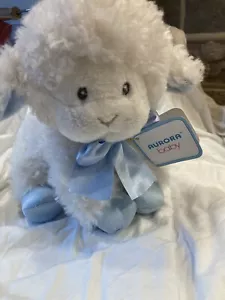 Aurora Baby Plush White Lamb Lovey W/Satin Feet Blue 7.5" Brand New With Tags! - Picture 1 of 13