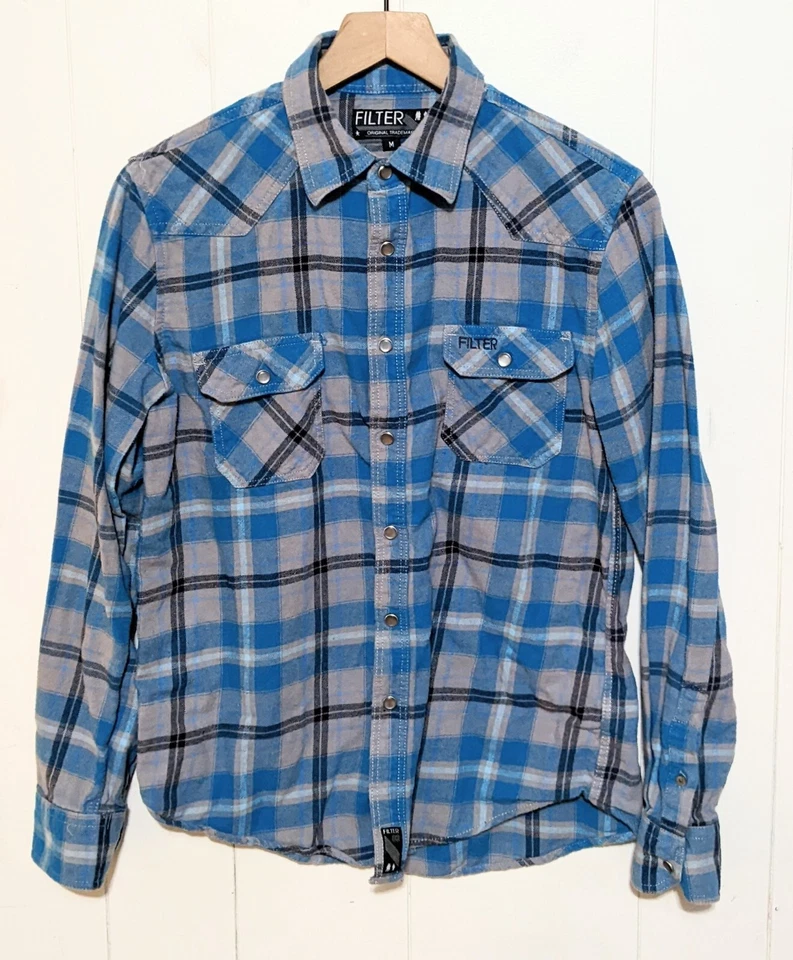 Camisa de filtro para hombre M azul a cuadros perla franela a presión manga larga vaquero occidental Foto 1 de 4