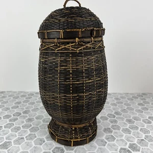 Wicker basket with lid black woven boho ethnic 13”t X 7”w - Picture 1 of 6