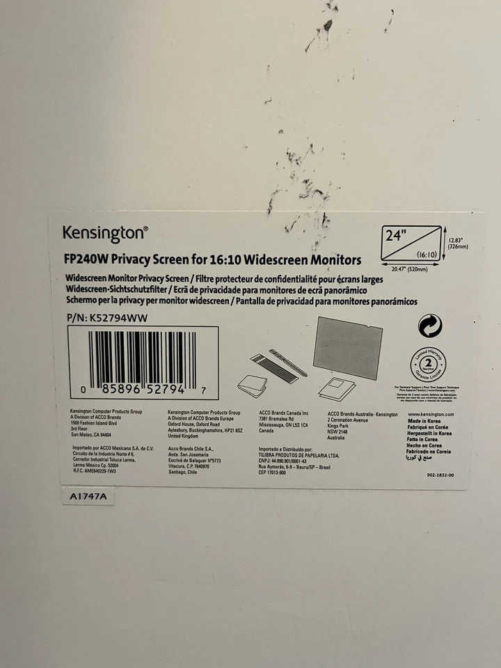 Kensington FP240W Privacy Screen for 24" 16:10 Aspect Ratio Widescreen Monitors - Image 1 of 1