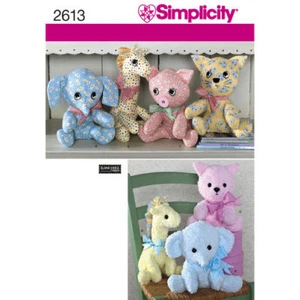 Simplicity Sewing Pattern 2613 Easy Stuffed Toys Animal Giraffe Pig Cat Elephant - Picture 1 of 5