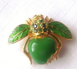 Joan Rivers Gold Tone Green Crystals Green Granny Smith Apple Bee Pin