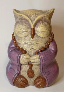 Meditating Owl Coin Bank Resin Wearing Mala Meditation Beads Buddha Zen Pose - Picture 1 of 12
