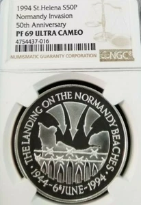 1994 SAINT HELENA S50P NORMANDY INVASION NGC PF 69 ULTRA CAMEO TOP POP SCARCE - Picture 1 of 3