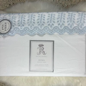 Rachel Ashwell Embroidered Blue Eyelet Hem KING Sheet Set 100% Cotton Shabby - Picture 1 of 8