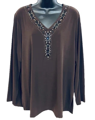 Susan Graver Misses XL Tunic Brown Knit Embellished Sequins Beads New w/Tags - Image 1 of 4