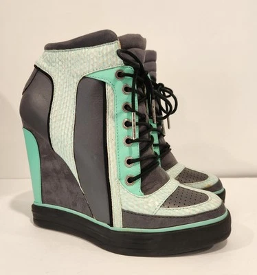 Nuevo L.A.M.B. Zapatillas altas de tacón de cuña para mujer talla 8 cuero verde azulado Gwen  Foto 1 de 4