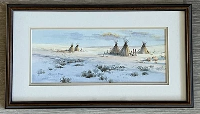 Pintura Acuarela Original Pequeña HOWARD REES “Primeros Rayos” Campamento Indio Invierno  Foto 1 de 4