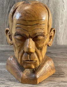 Vintage Hand Carved 7” Wood Head Bust Sculpture Outsider Scary Weird Folk Art - Picture 1 of 8