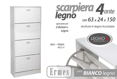 SCARPIERA SLIM 4 ANTE h150*63*24cm DOPPIA PROFONDITà SALVASPAZIO MODERNA BIANCA - Immagine 1 di 4