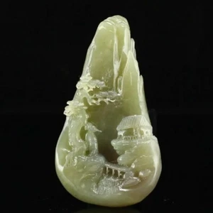 Antique Jade Landscape with Pagoda, Bridge & Tree Delicately Carved front & back - Picture 1 of 8