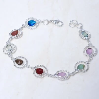 Brazalete de joyería de plata hecho a mano con múltiples piedras preciosas de rubí facetado 7-8" BRJ18263 Foto 1 de 2