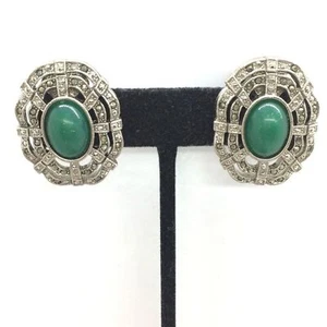 VINTAGE 1928 MARCASITE SILVER TONE GREEN ACRYLIC CABOCHON CLIP ON EARRINGS LARGE - Picture 1 of 16