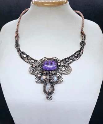 Collar de alambre de cobre con piedra lunar Charoite y arco iris elegante joyería hecha a mano Foto 1 de 4