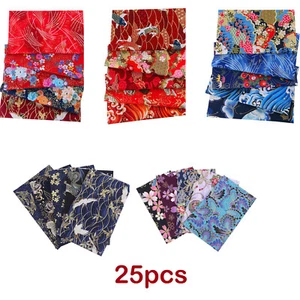 25pcs Cotton Fabric Scraps Cloth Japanese Sakura Flower Crane Wave DIY Craft - Picture 1 of 10