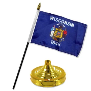 Wisconsin State Flagge 4"x6" Schreibtisch Set Tisch Stab Gold Basis - Bild 1 von 1