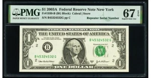 2003A $1 Repeater Serial Number Note New York 67 EPQ PMG Superb Gem UNC 722 - Picture 1 of 2