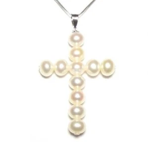 Colgante Cruz de Perla Blanca Genuino AAA en Oro Blanco 14K - Imagen 1 de 1