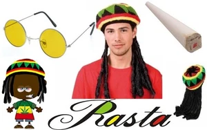 Bob Marley Rasta Jamaican Hat Wig Dreadlocks Fake Spliff & Glasses Fancy Dress - Picture 1 of 1