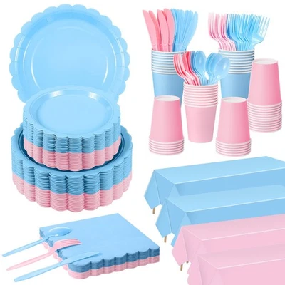 256 Pcs Pink and Blue Gender Reveal Party Supplies Paper Plate Napkin Cup Dis... - Image 1 of 4