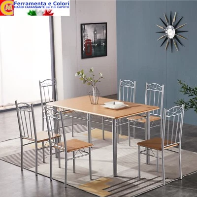 Tavolo Acciaio e MDF Effetto Legno Rettangolare 140 x 80 x h89 cm Con 6 Sedie - Immagine 1 di 2