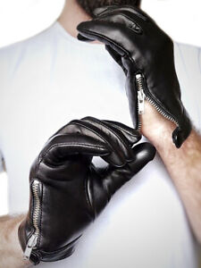 KIMOBAA Men Side Open Zipper With Button Lambskin Real Leather Black Gloves