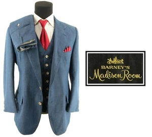 New Barney's Madison Room Men's 70's Blue Denim Disco 3 Piece Suit Size 44 Short - Picture 1 of 9