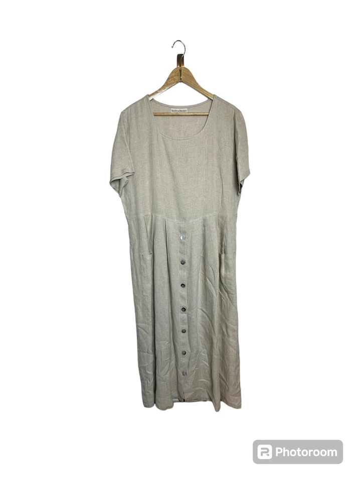 Maxi Vestido Vintage Smith & Hawken Lino Cuello Cuadrado Plisado Beige Campesino Boho Foto 1 de 4