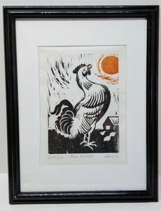 Vintage Constantine Kermes Demo Proof Folk Rooster Woodblock Print Signed Dated - Picture 1 of 14