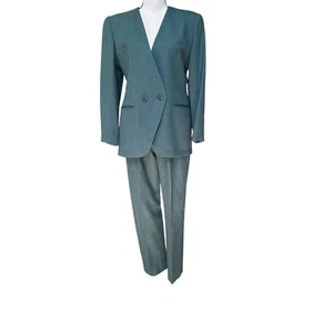 Vintage Jones New York Green Wool Houndstooth Pantsuit Blazer & Pants 6P/8P - Picture 1 of 16
