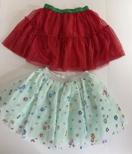 Lot of 2 Girls Tutus Sz 6 Tulle Pastel Green Floral Shiny & Christmas Sparkle - Picture 1 of 9