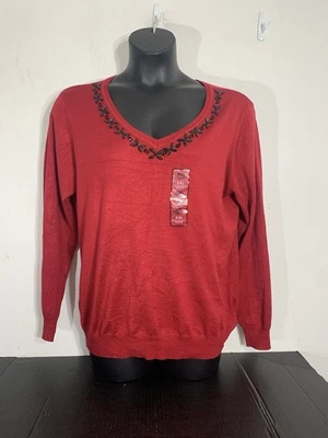Jaclyn Smith Jeweled V Neck Sweater Red Size 2X Holiday Glam New - Image 1 of 4