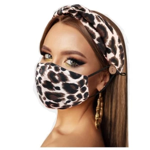 Womens Face Mask Button Headband Set Reusable Cloth Cover Leopard or Tie Dye - Picture 1 of 3