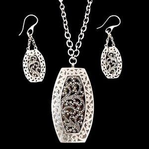 LOIS HILL Sterling Silver Granulated Scroll Oxidized Tonneau Necklace & Earrings