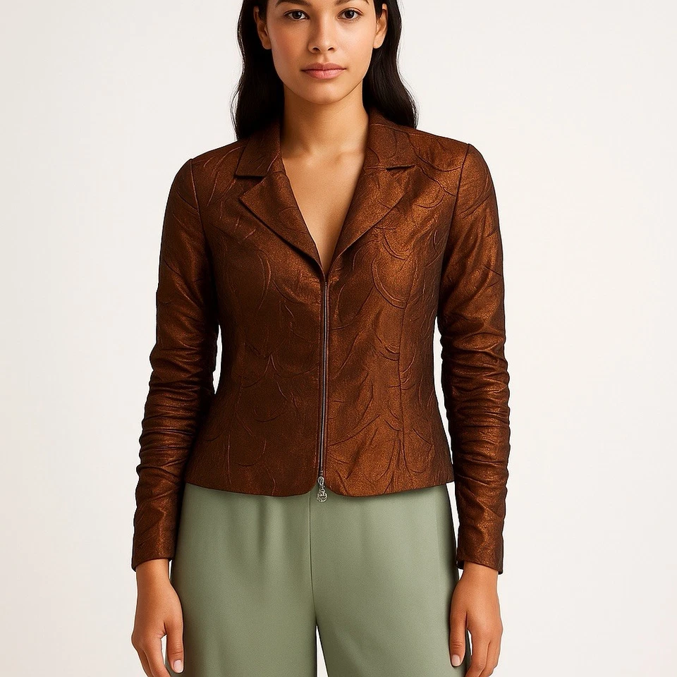 Joseph Ribkoff Vintage Y2K Bronze Metallic Textured Zip Jacket Womens 10 Ruched - Image 1 of 4