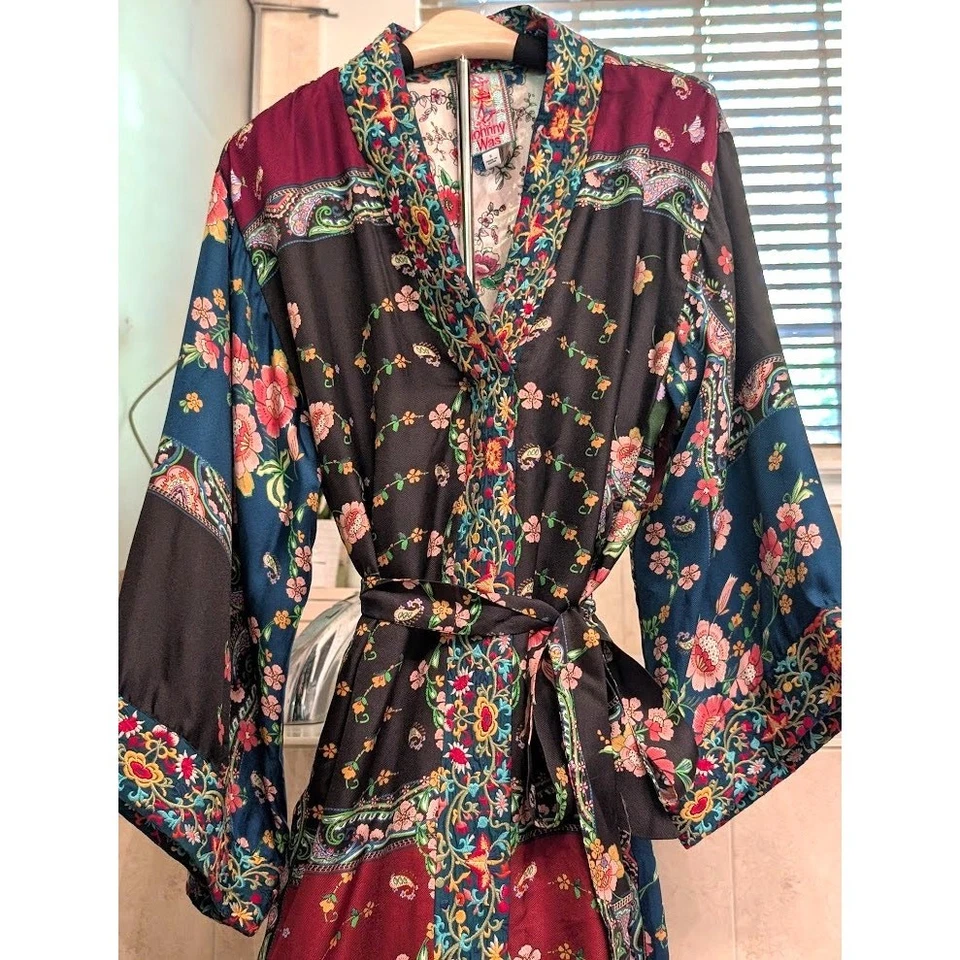 Vestido JOHNNY WAS Navajo Kimono Seda Talla S Cinturón Bordado Bolsillos Boho Asiático Foto 1 de 4