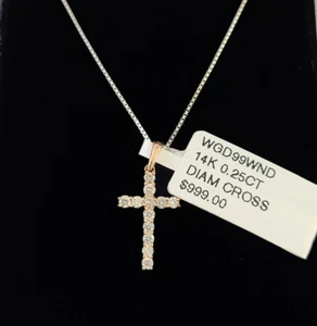 Real 14k Box Chain Jesus Cross Diamond Pendant Gold Necklace SET Women - Picture 1 of 5