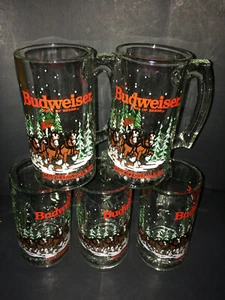 5 ~ Budweiser Winter Christmas Glass Stein Handled Mug Clydesdales in Snow ~1989 - Picture 1 of 8