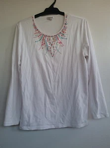 Damart Size 10 White ladies long sleeve tshirt with multicoloured beads detail - Picture 1 of 4