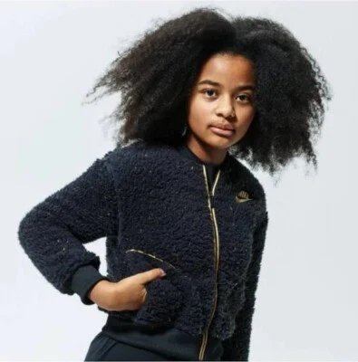 Nike Loose Fit Sportswear Big Girls Fleece Black Gold Metallic Bomber Jacket  XL - Image 1 of 4