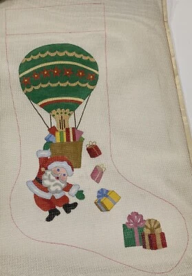 Vintage Needlepoint Christmas Stocking Canvas Santa Hot Air Balloon Packages 14 - Image 1 of 4
