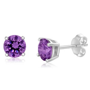 Sterling Silver Zirconia Round 6.55mm Purple Stud Earrings - Picture 1 of 2