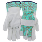 Classic Split Leather Cowhide Palm & Knuckle Strap Work Gloves, Teal Floral Patt