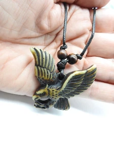 Brown Resin Faux Wood American Eagle Pendant Adjustable Cord Necklace Vintage - Picture 1 of 5
