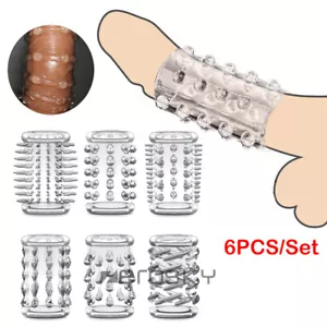 6PCS Penis Extender Enlarger-Male-Sleeve-Reusable Condoms Delay Ejaculation Set - Picture 1 of 12