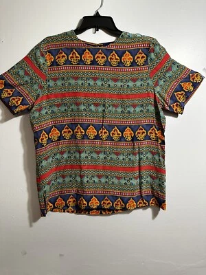 Blusa vintage Alfred Dunner para mujer colorida azul manga corta 100 % seda talla 12 Foto 1 de 4