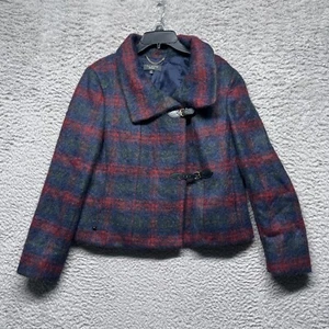 Talbots Coat Womens 14 Blue Red Tartan Wool Blend Belt Closure Pea Coat - Picture 1 of 7