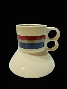 Keramik Steinzeug No Spill Kaffeebecher Tasse gestreift rot silber und blau Vintage - Bild 1 von 6