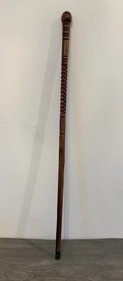 Vintage Antique Spiral Hand Carved Wood Walking Stick Cane 39” Tall Metal End - Image 1 of 4