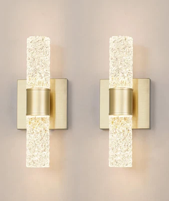 Crystal LED Wall Sconces Set of 2, Brushed Gold Bathroom Light Fixtures, Modern - Image 1 of 4
